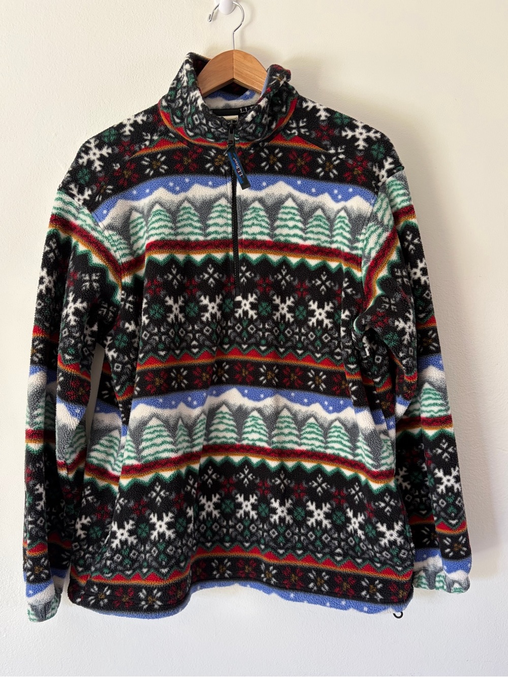 L.L.Bean Vintage 90s Winter Nordic Print Fleece Pullover Made In USA Size Large